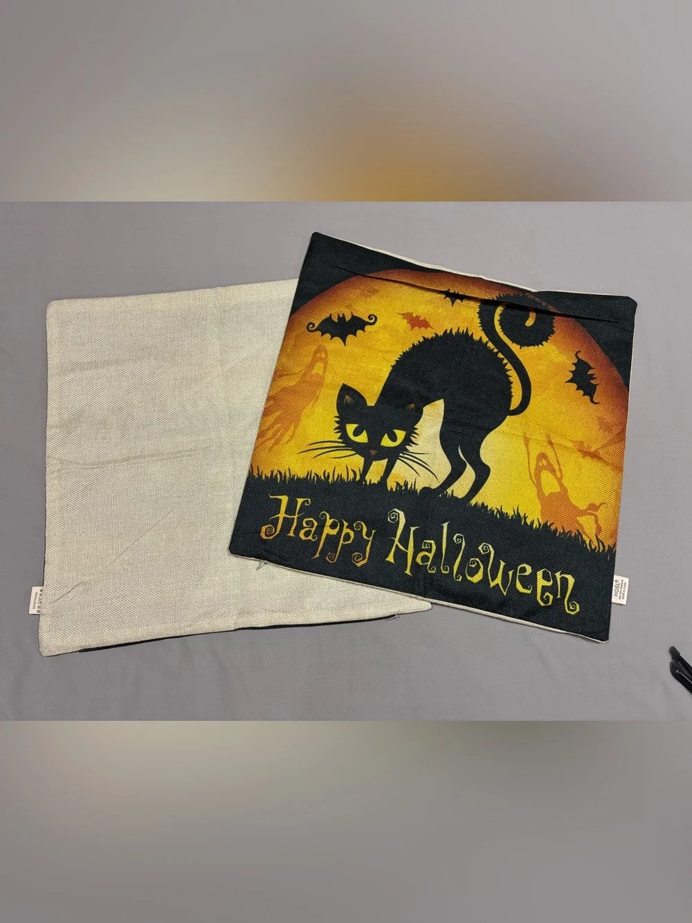 Halloween Decorative Burlap Throw Pillow Covers - Black, Yellow, Orange 17.5”